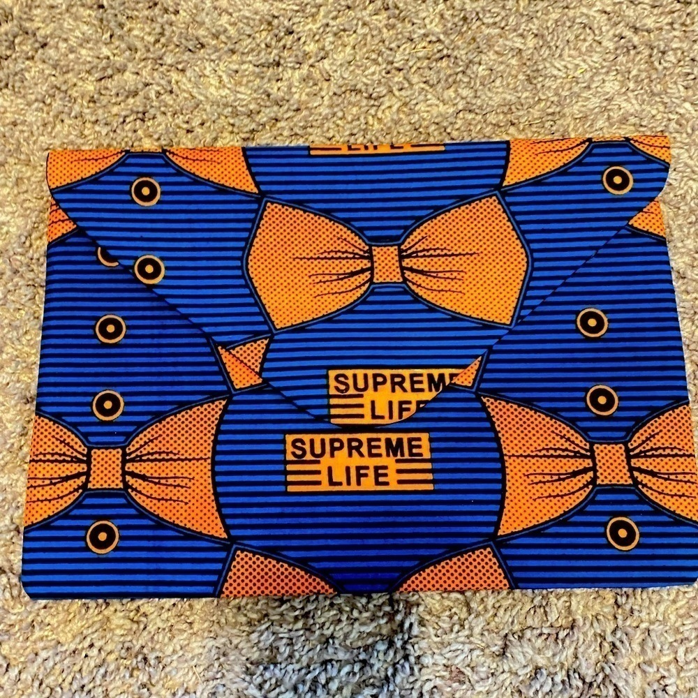 Blue and Orange Handmade Clutch purse magnetic button closure, African print